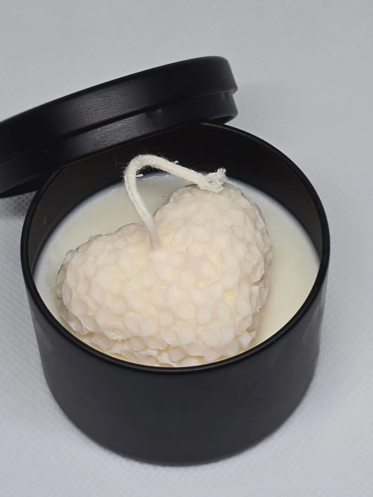 heart-shaped soy candle, romantic gift candle, black tin candles