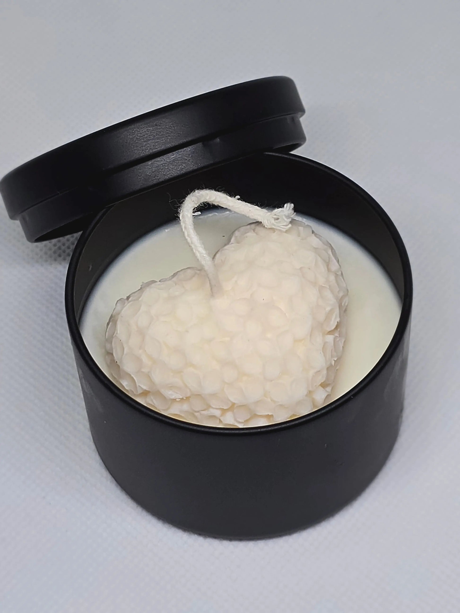 heart-shaped soy candle, romantic gift candle, black tin candles